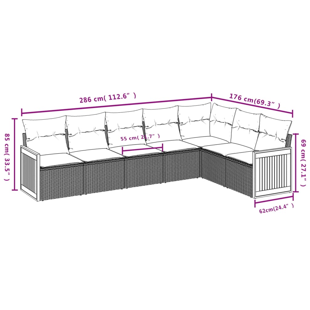 7-tlg. Garten-Sofagarnitur mit Kissen Schwarz Poly Rattan