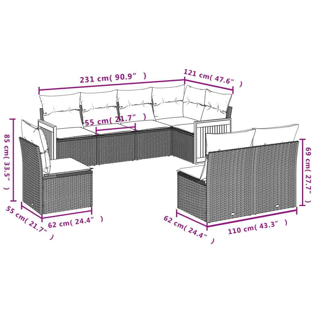 8-tlg. Garten-Sofagarnitur mit Kissen Schwarz Poly Rattan