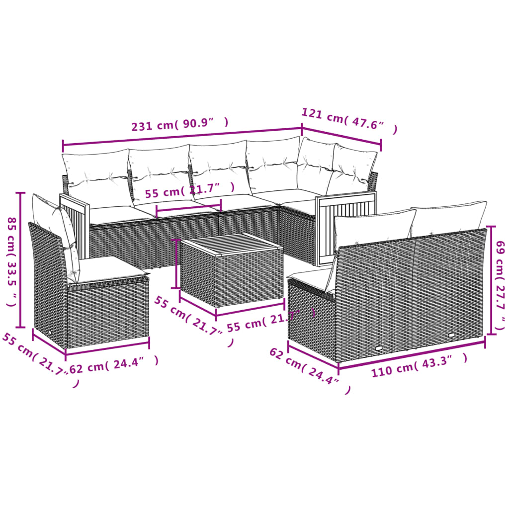 9-tlg. Garten-Sofagarnitur mit Kissen Schwarz Poly Rattan