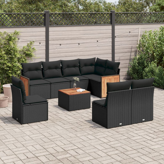 9-tlg. Garten-Sofagarnitur mit Kissen Schwarz Poly Rattan