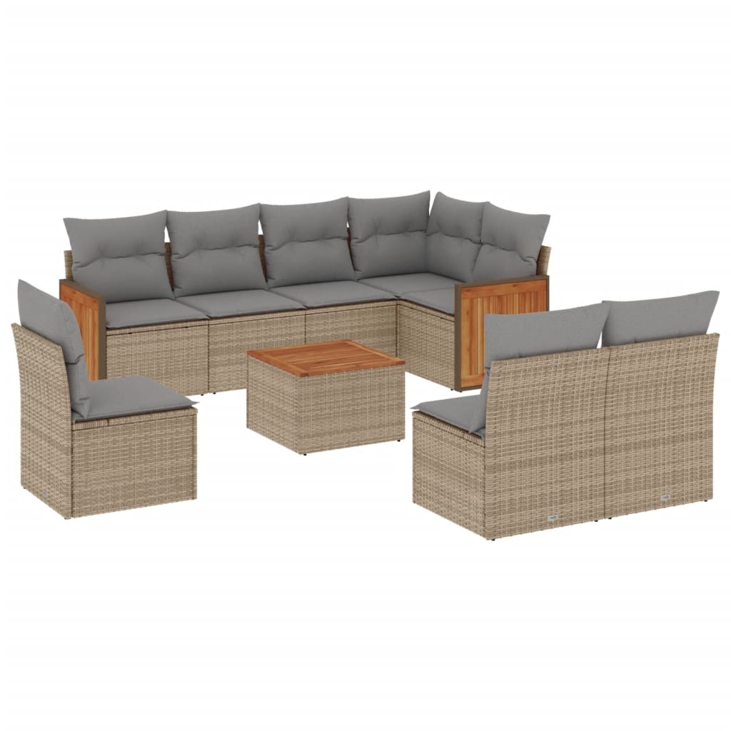 9-tlg. Garten-Sofagarnitur mit Kissen Beige Poly Rattan