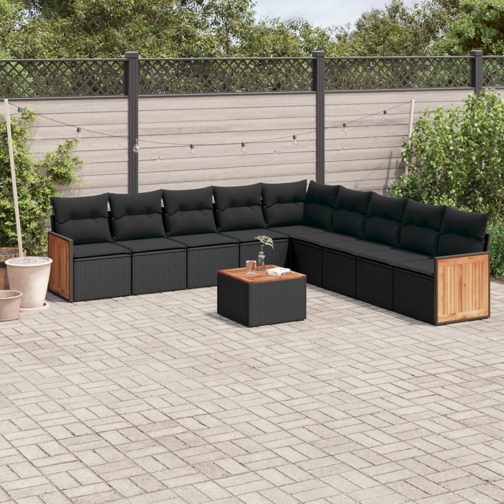 10-tlg. Garten-Sofagarnitur mit Kissen Schwarz Poly Rattan