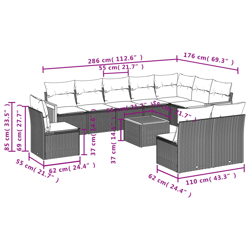 11-tlg. Garten-Sofagarnitur mit Kissen Grau Poly Rattan