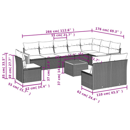 11-tlg. Garten-Sofagarnitur mit Kissen Grau Poly Rattan