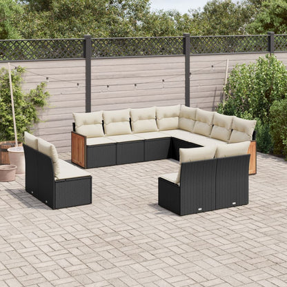 11-tlg. Garten-Sofagarnitur mit Kissen Schwarz Poly Rattan