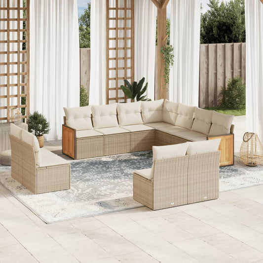 11-tlg. Garten-Sofagarnitur mit Kissen Beige Poly Rattan