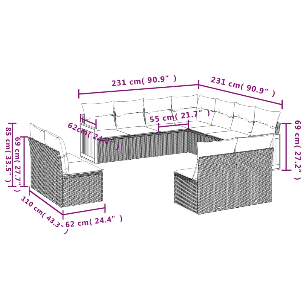 11-tlg. Garten-Sofagarnitur mit Kissen Beige Poly Rattan