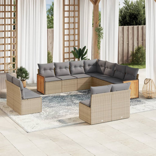 11-tlg. Garten-Sofagarnitur mit Kissen Beige Poly Rattan