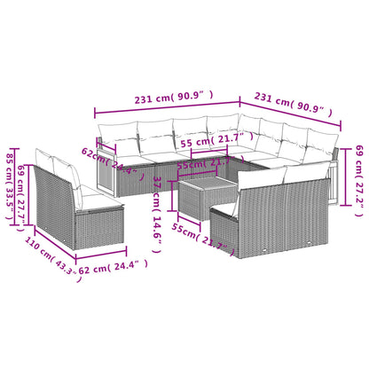 12-tlg. Garten-Sofagarnitur mit Kissen Schwarz Poly Rattan