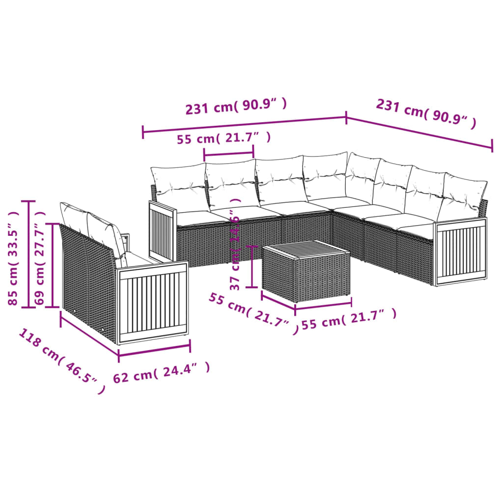 10-tlg. Garten-Sofagarnitur mit Kissen Grau Poly Rattan