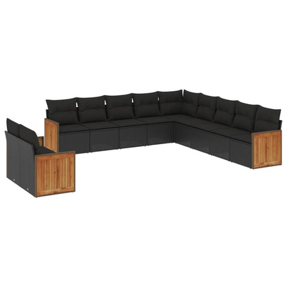 11-tlg. Garten-Sofagarnitur mit Kissen Schwarz Poly Rattan