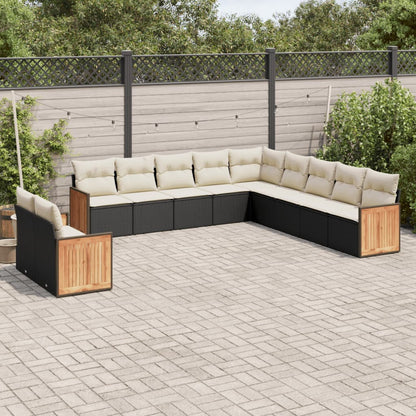 11-tlg. Garten-Sofagarnitur mit Kissen Schwarz Poly Rattan