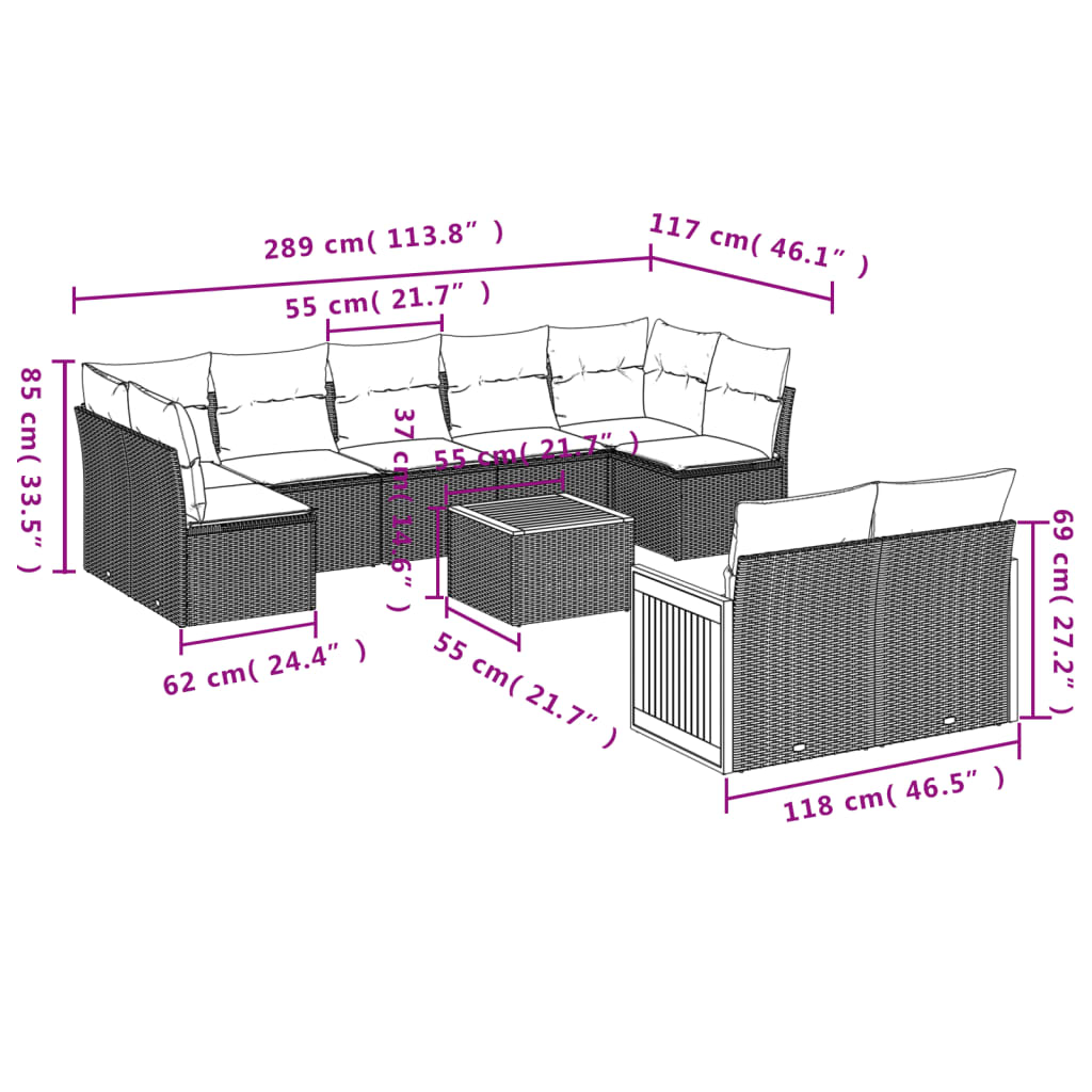 9-tlg. Garten-Sofagarnitur mit Kissen Schwarz Poly Rattan