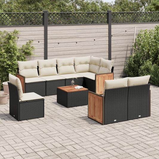 9-tlg. Garten-Sofagarnitur mit Kissen Schwarz Poly Rattan