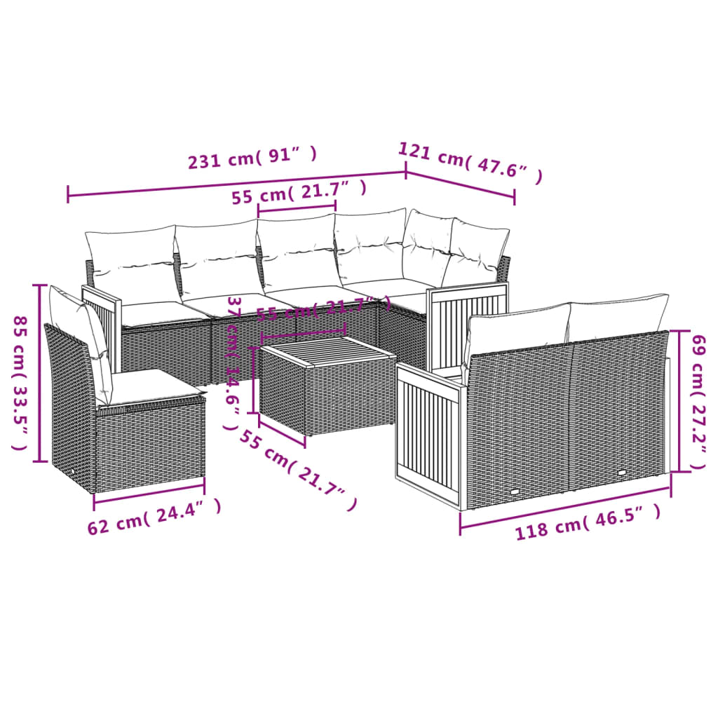 9-tlg. Garten-Sofagarnitur mit Kissen Beige Poly Rattan