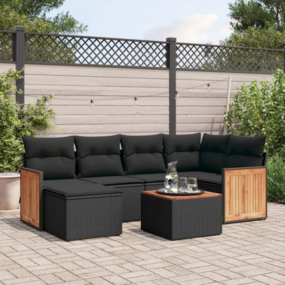 7-tlg. Garten-Sofagarnitur mit Kissen Schwarz Poly Rattan