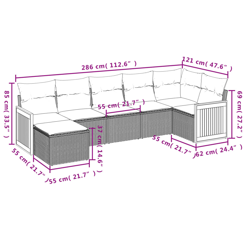 7-tlg. Garten-Sofagarnitur mit Kissen Schwarz Poly Rattan