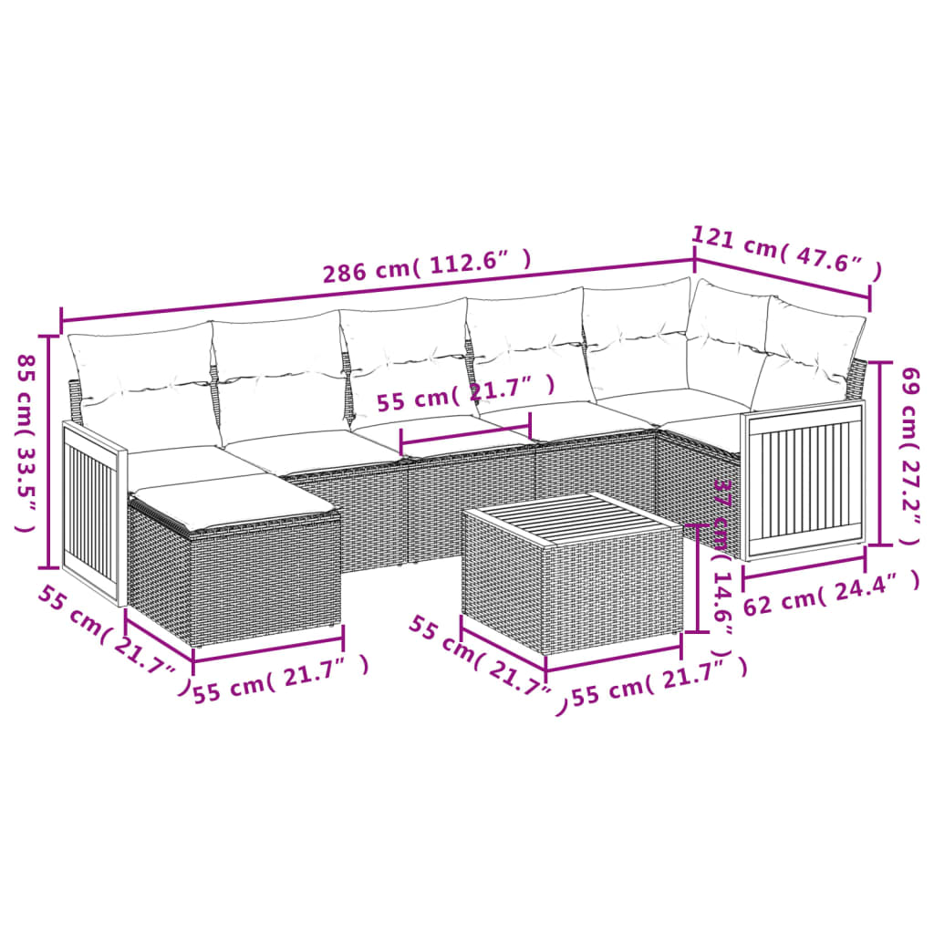 8-tlg. Garten-Sofagarnitur mit Kissen Schwarz Poly Rattan