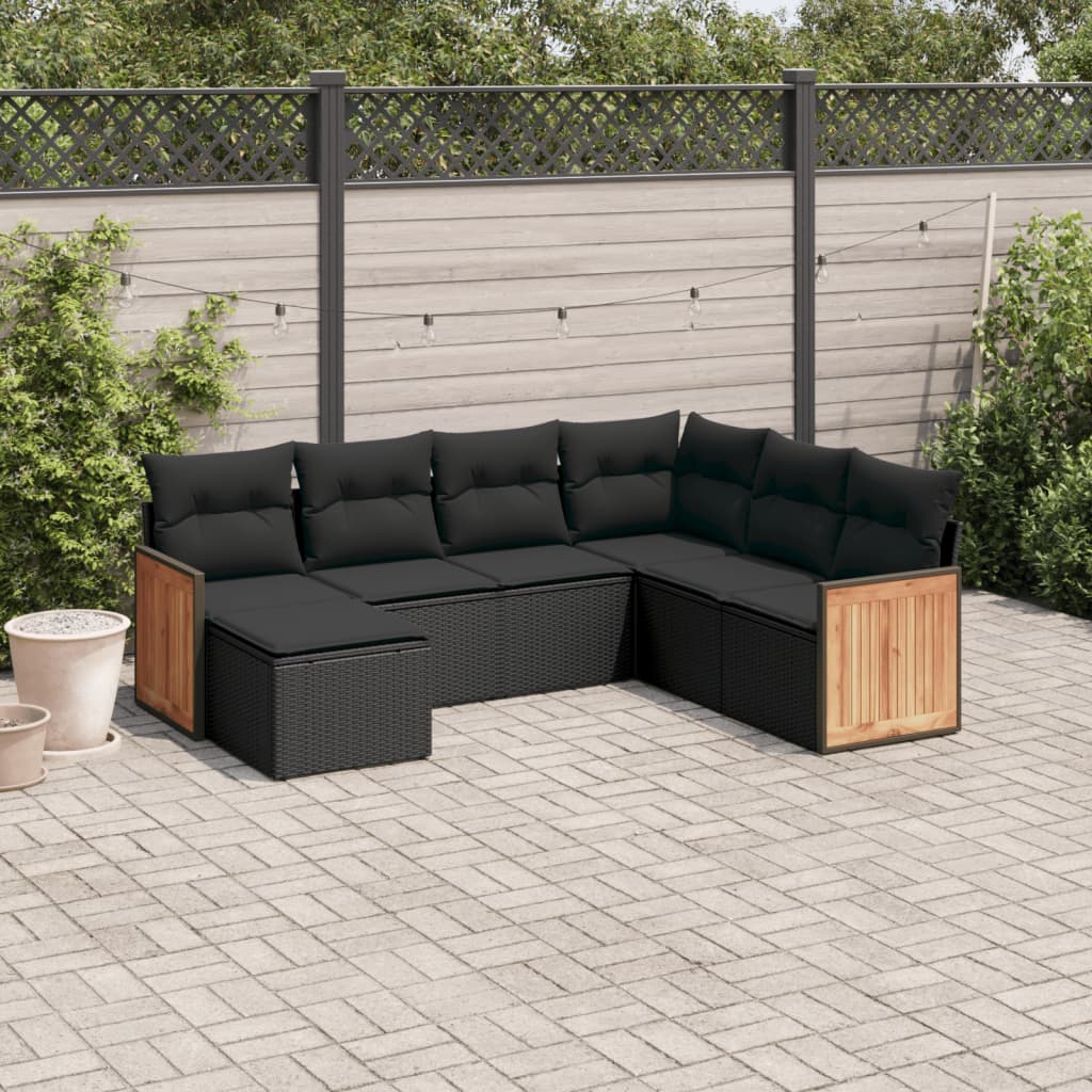 7-tlg. Garten-Sofagarnitur mit Kissen Schwarz Poly Rattan