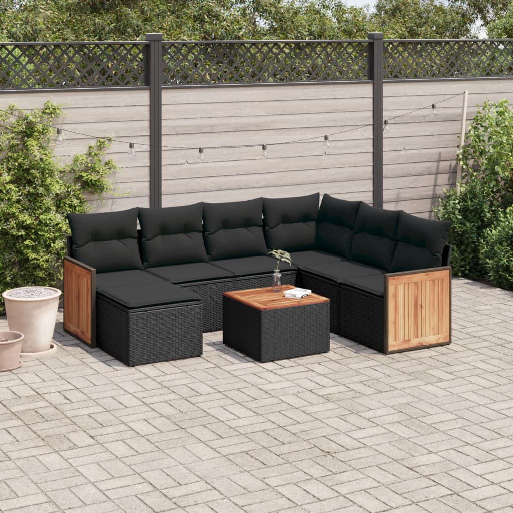 8-tlg. Garten-Sofagarnitur mit Kissen Schwarz Poly Rattan