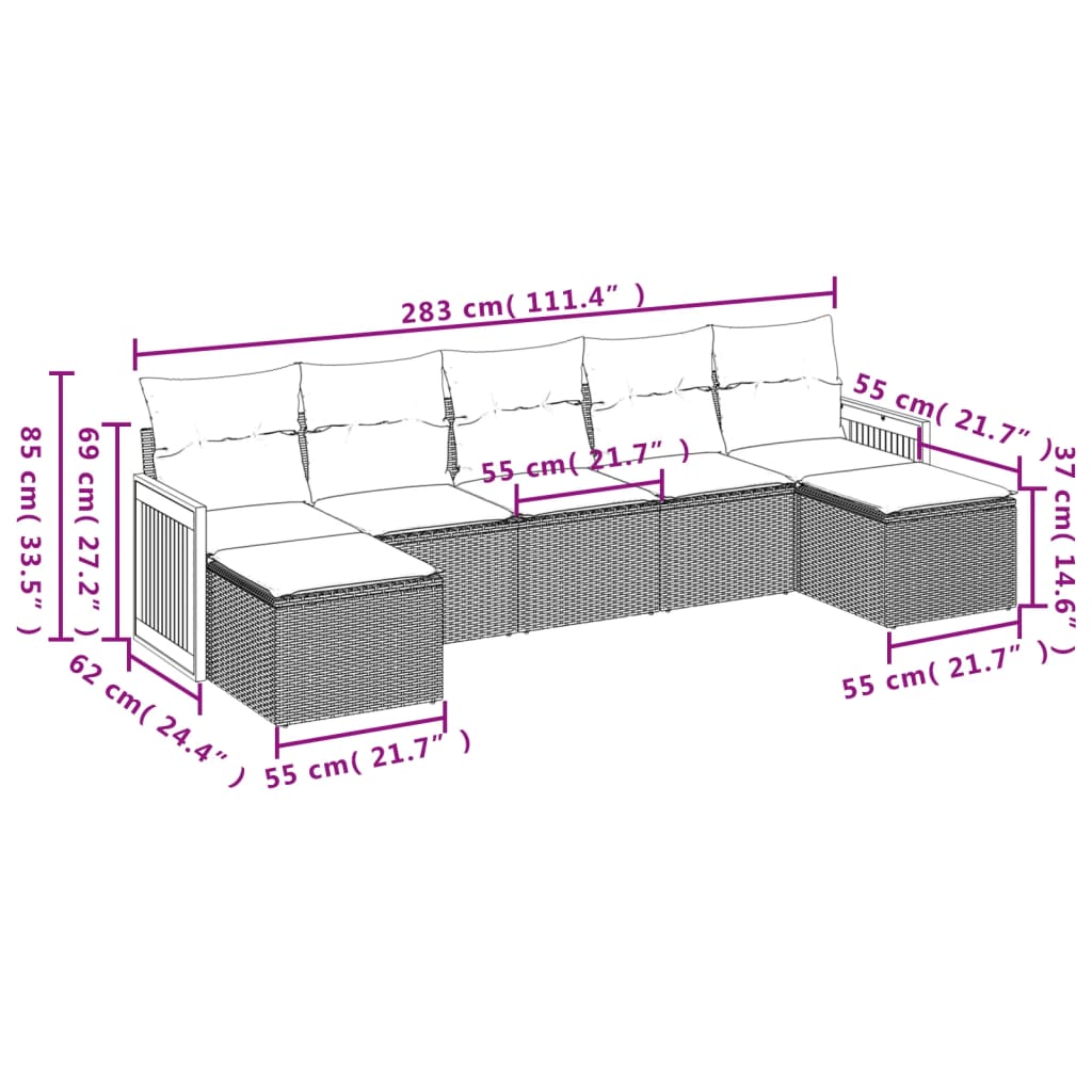 7-tlg. Garten-Sofagarnitur mit Kissen Schwarz Poly Rattan