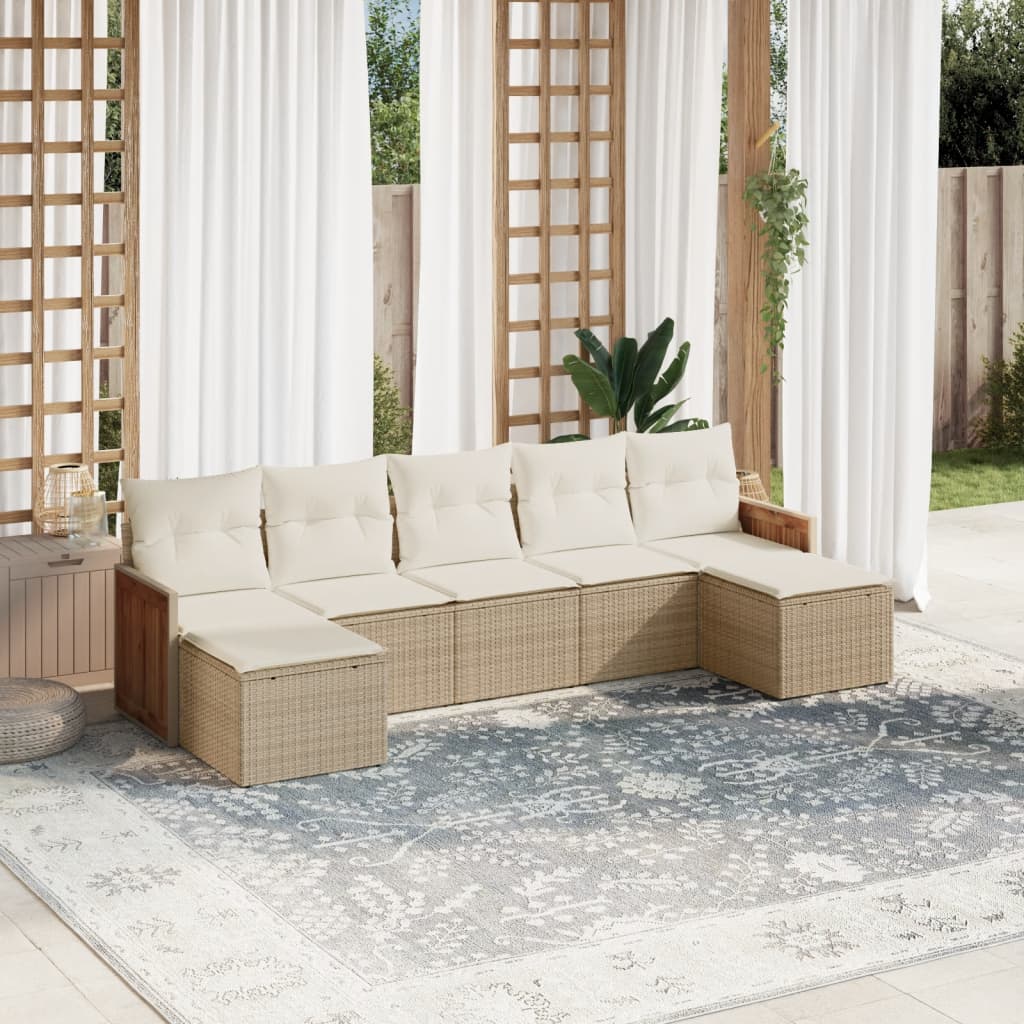 7-tlg. Garten-Sofagarnitur mit Kissen Beige Poly Rattan