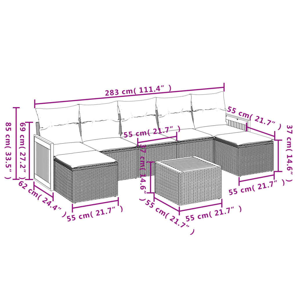 8-tlg. Garten-Sofagarnitur mit Kissen Schwarz Poly Rattan