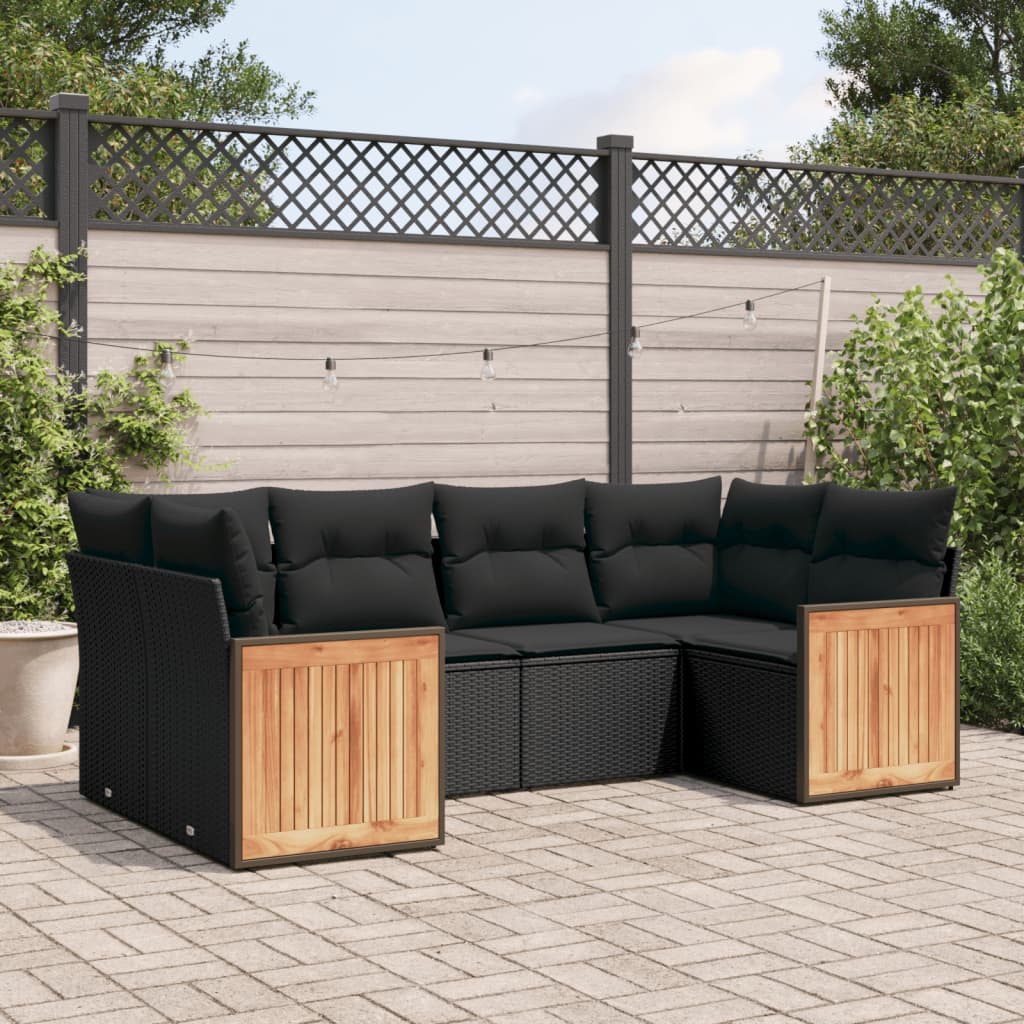 6-tlg. Garten-Sofagarnitur mit Kissen Schwarz Poly Rattan