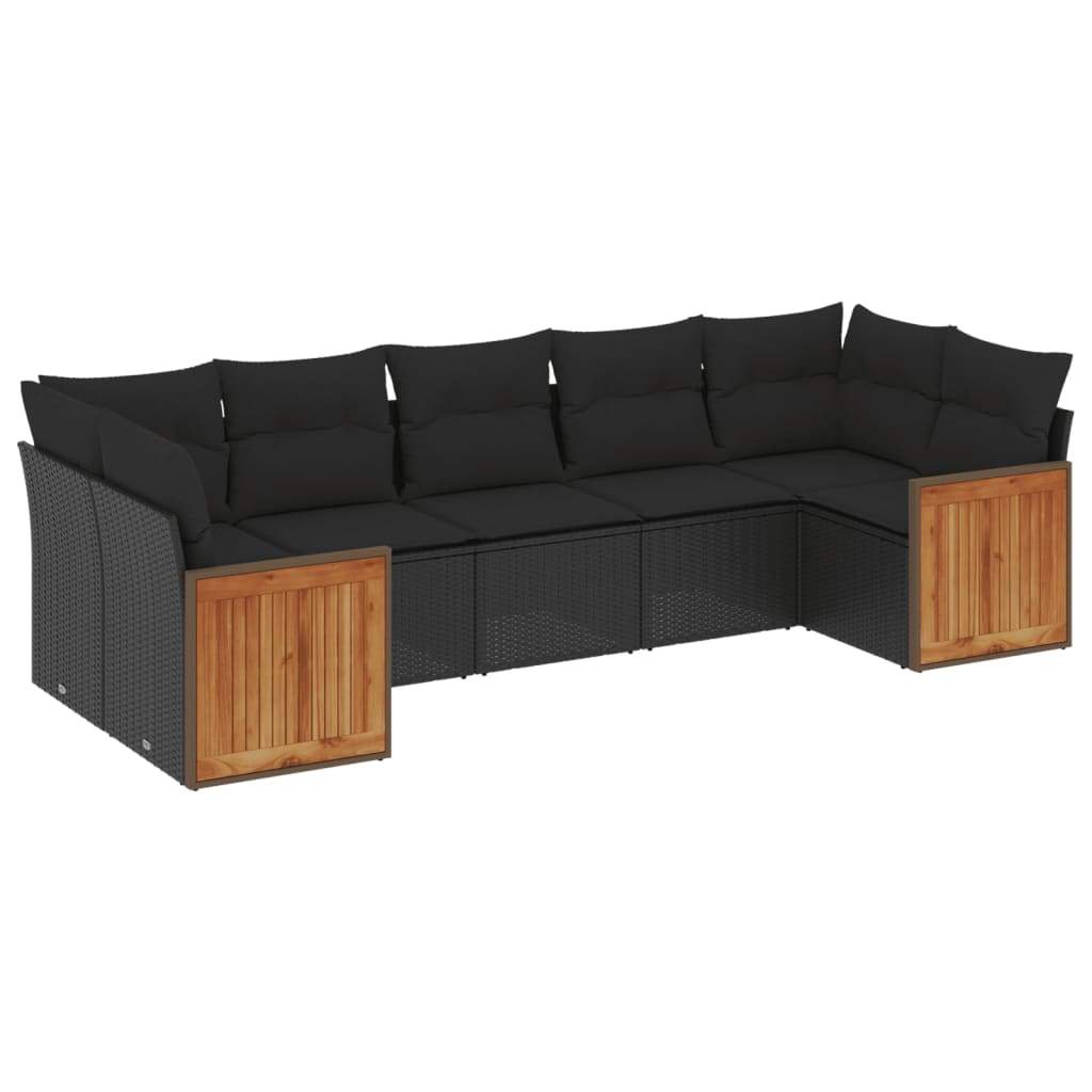 7-tlg. Garten-Sofagarnitur mit Kissen Schwarz Poly Rattan