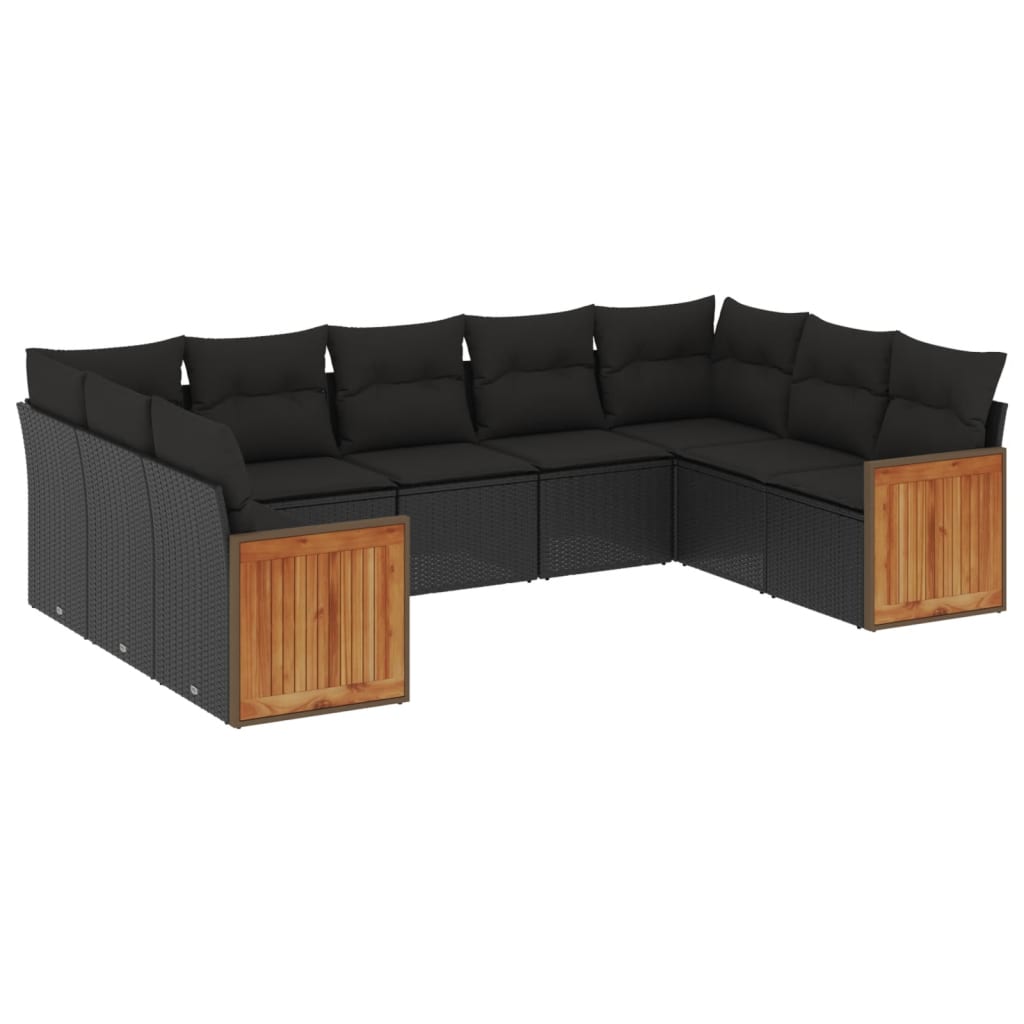 9-tlg. Garten-Sofagarnitur mit Kissen Schwarz Poly Rattan