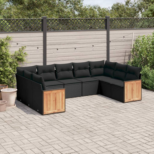 9-tlg. Garten-Sofagarnitur mit Kissen Schwarz Poly Rattan