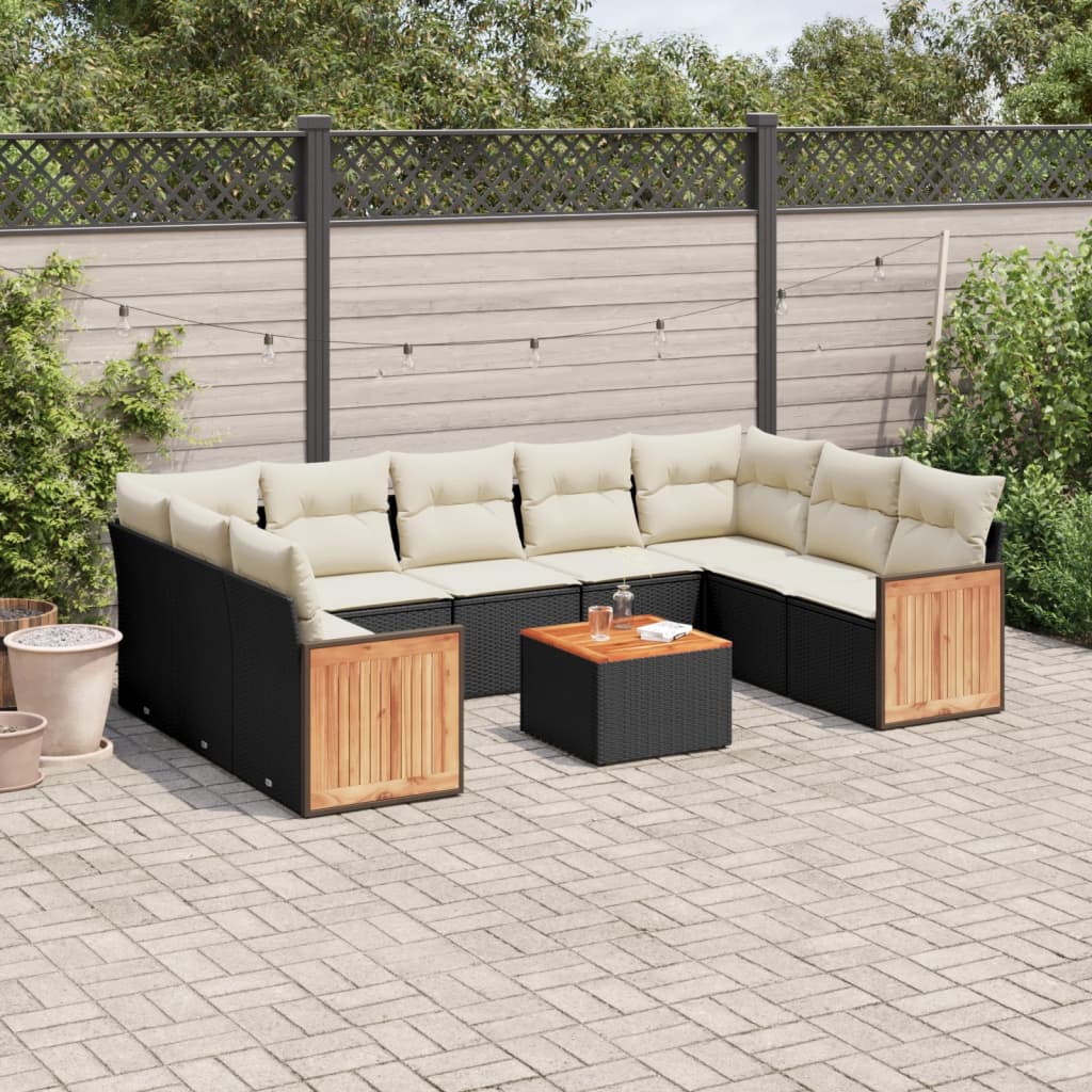 10-tlg. Garten-Sofagarnitur mit Kissen Schwarz Poly Rattan