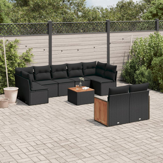 10-tlg. Garten-Sofagarnitur mit Kissen Schwarz Poly Rattan