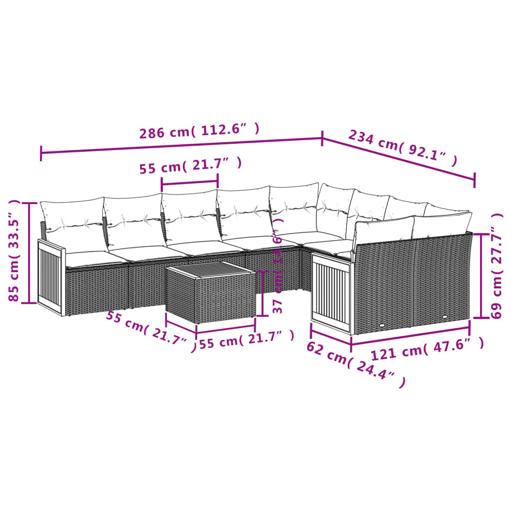 10-tlg. Garten-Sofagarnitur mit Kissen Grau Poly Rattan