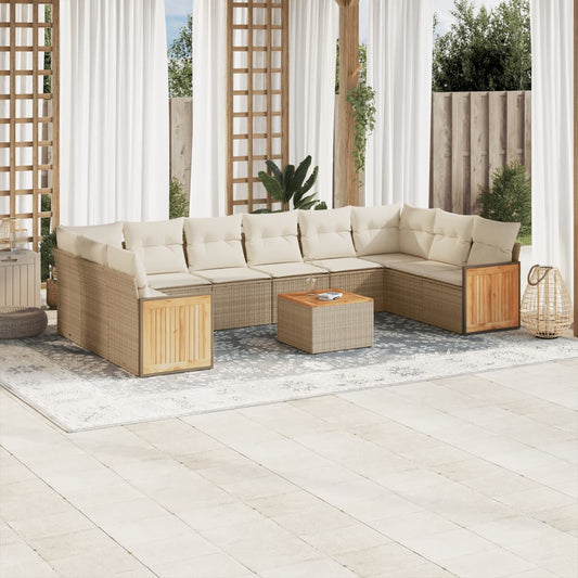 11-tlg. Garten-Sofagarnitur mit Kissen Beige Poly Rattan