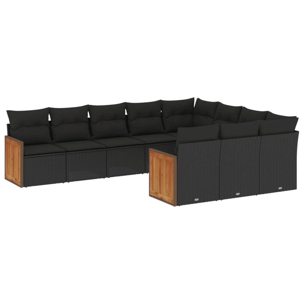 10-tlg. Garten-Sofagarnitur mit Kissen Schwarz Poly Rattan