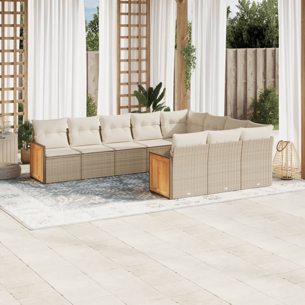 10-tlg. Garten-Sofagarnitur mit Kissen Beige Poly Rattan