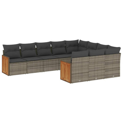 10-tlg. Garten-Sofagarnitur mit Kissen Grau Poly Rattan