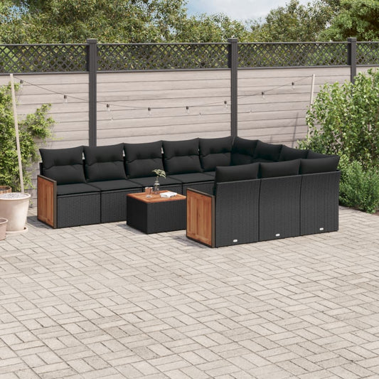 11-tlg. Garten-Sofagarnitur mit Kissen Schwarz Poly Rattan