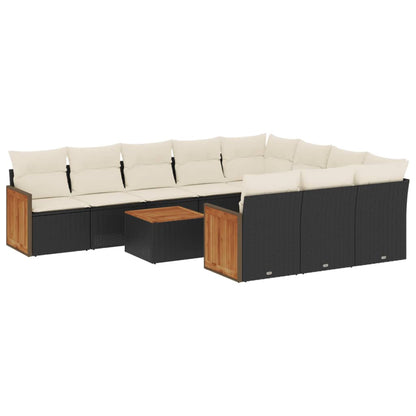 11-tlg. Garten-Sofagarnitur mit Kissen Schwarz Poly Rattan