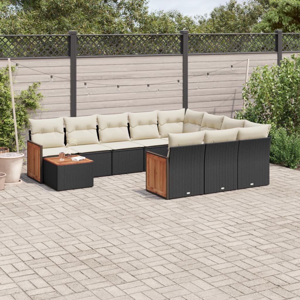 11-tlg. Garten-Sofagarnitur mit Kissen Schwarz Poly Rattan