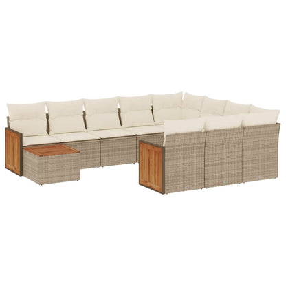 11-tlg. Garten-Sofagarnitur mit Kissen Beige Poly Rattan