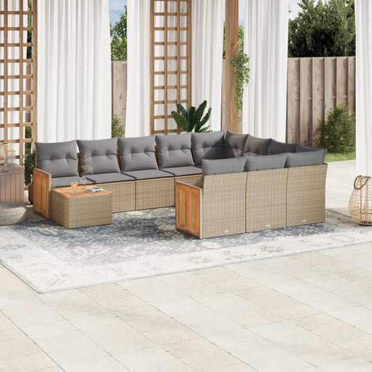 11-tlg. Garten-Sofagarnitur mit Kissen Beige Poly Rattan