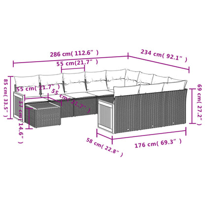 11-tlg. Garten-Sofagarnitur mit Kissen Grau Poly Rattan