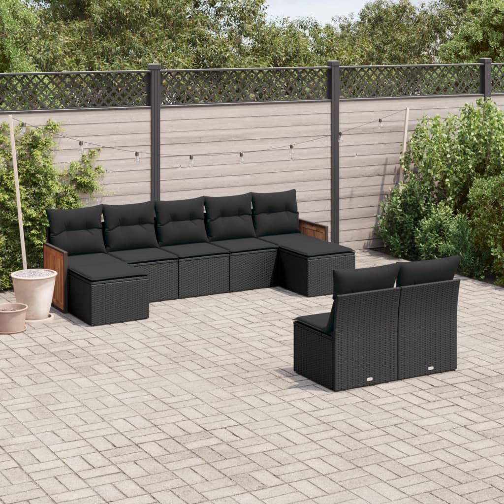 9-tlg. Garten-Sofagarnitur mit Kissen Schwarz Poly Rattan