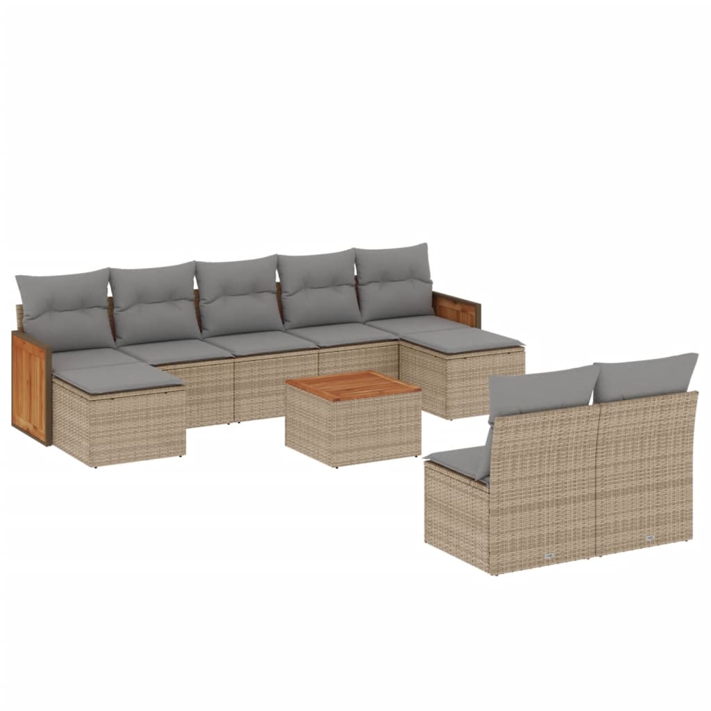 10-tlg. Garten-Sofagarnitur mit Kissen Beige Poly Rattan