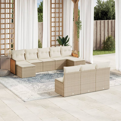 10-tlg. Garten-Sofagarnitur mit Kissen Beige Poly Rattan