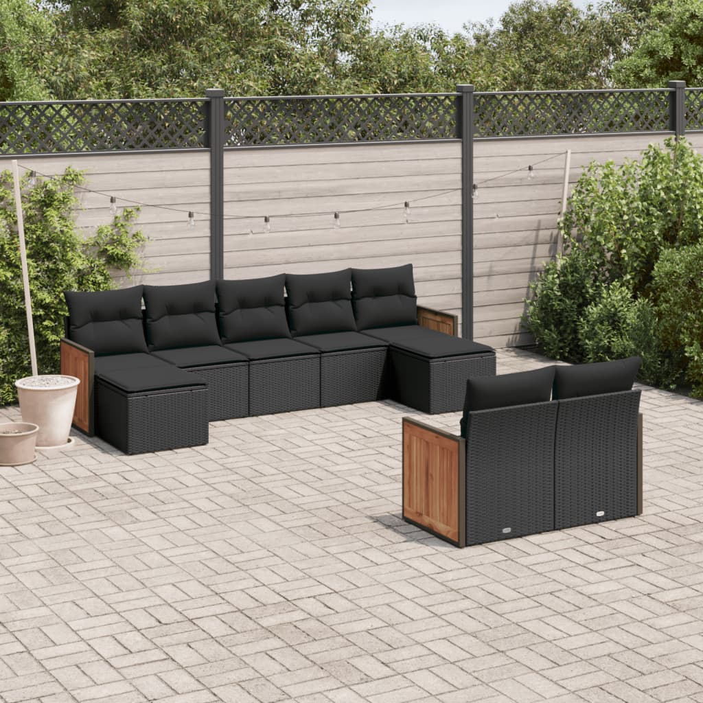 9-tlg. Garten-Sofagarnitur mit Kissen Schwarz Poly Rattan