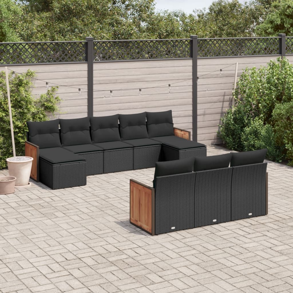 10-tlg. Garten-Sofagarnitur mit Kissen Schwarz Poly Rattan