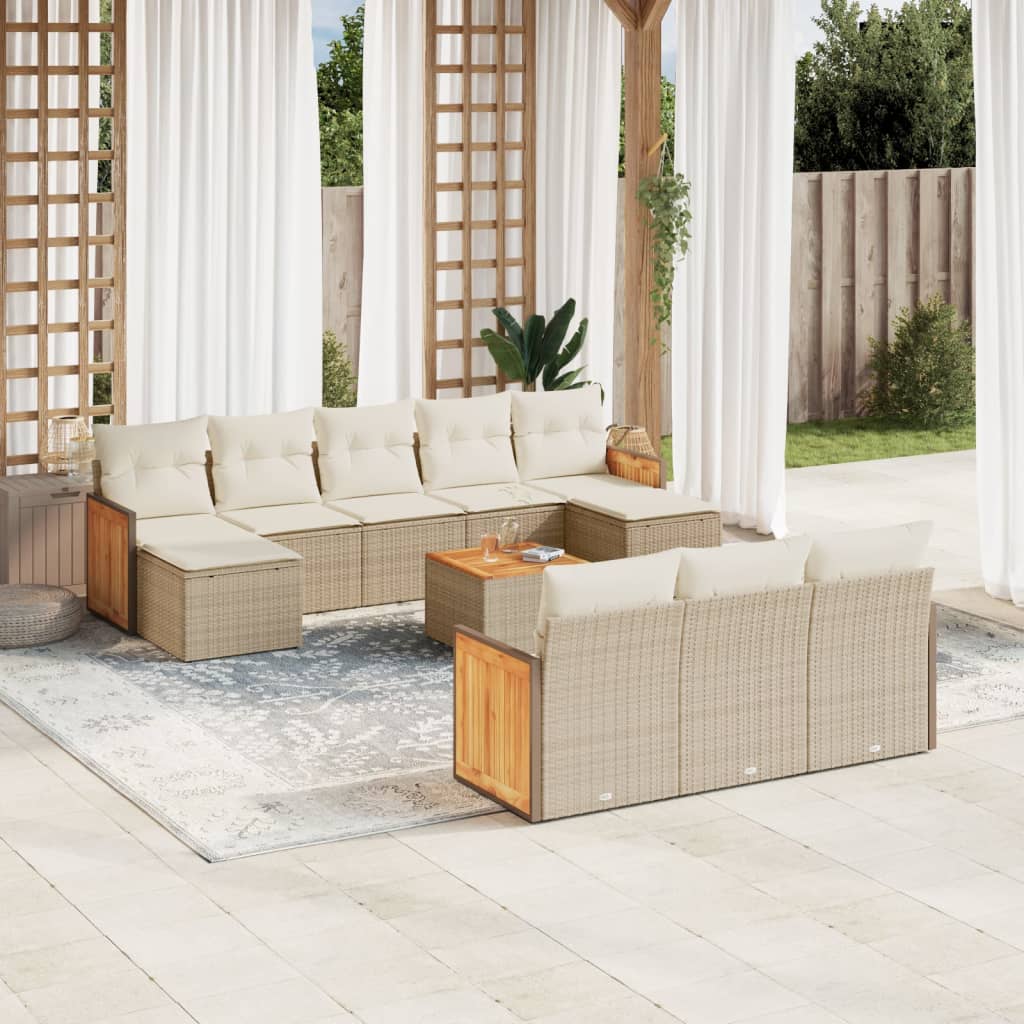 11-tlg. Garten-Sofagarnitur mit Kissen Beige Poly Rattan